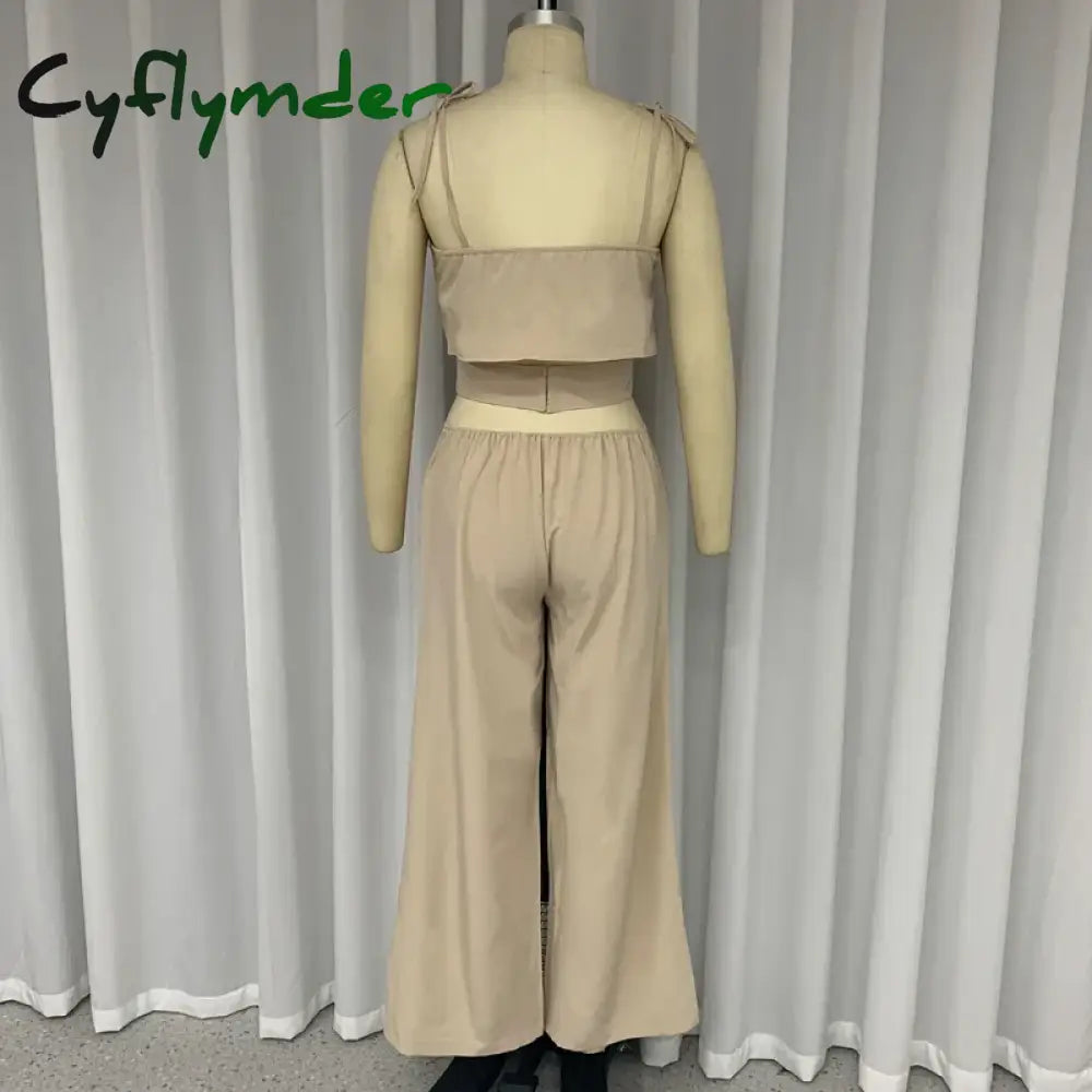 Cyflymder Sets For Women 2 Pieces Summer Fashion Solid Sleeveless Sling Lace Up Short Top Loose