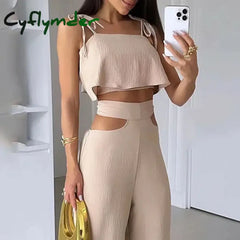 Sets For Women 2 Pieces Summer Fashion Solid Sleeveless Sling Lace Up Short Top Loose High Waist Wide Legs Cutout Pants