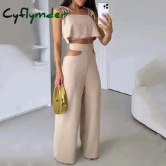 Sets For Women 2 Pieces Summer Fashion Solid Sleeveless Sling Lace Up Short Top Loose High Waist Wide Legs Cutout Pants