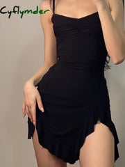 Cyflymder Sexy Black Dress Women Summer Bodycon Spaghetti Strap Mini Sleeveless Irregular Vintage