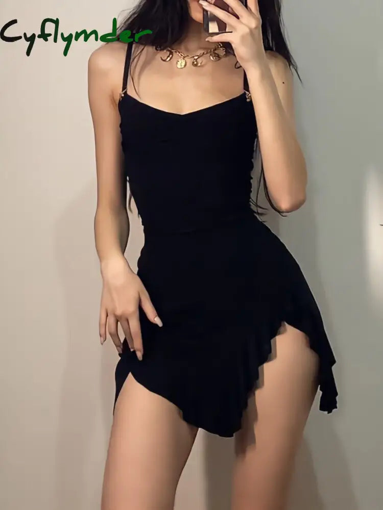 Cyflymder Sexy Black Dress Women Summer Bodycon Spaghetti Strap Mini Sleeveless Irregular Vintage