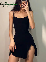 Cyflymder Sexy Black Dress Women Summer Bodycon Spaghetti Strap Mini Sleeveless Irregular Vintage