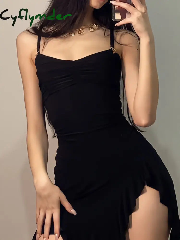 Cyflymder Sexy Black Dress Women Summer Bodycon Spaghetti Strap Mini Sleeveless Irregular Vintage