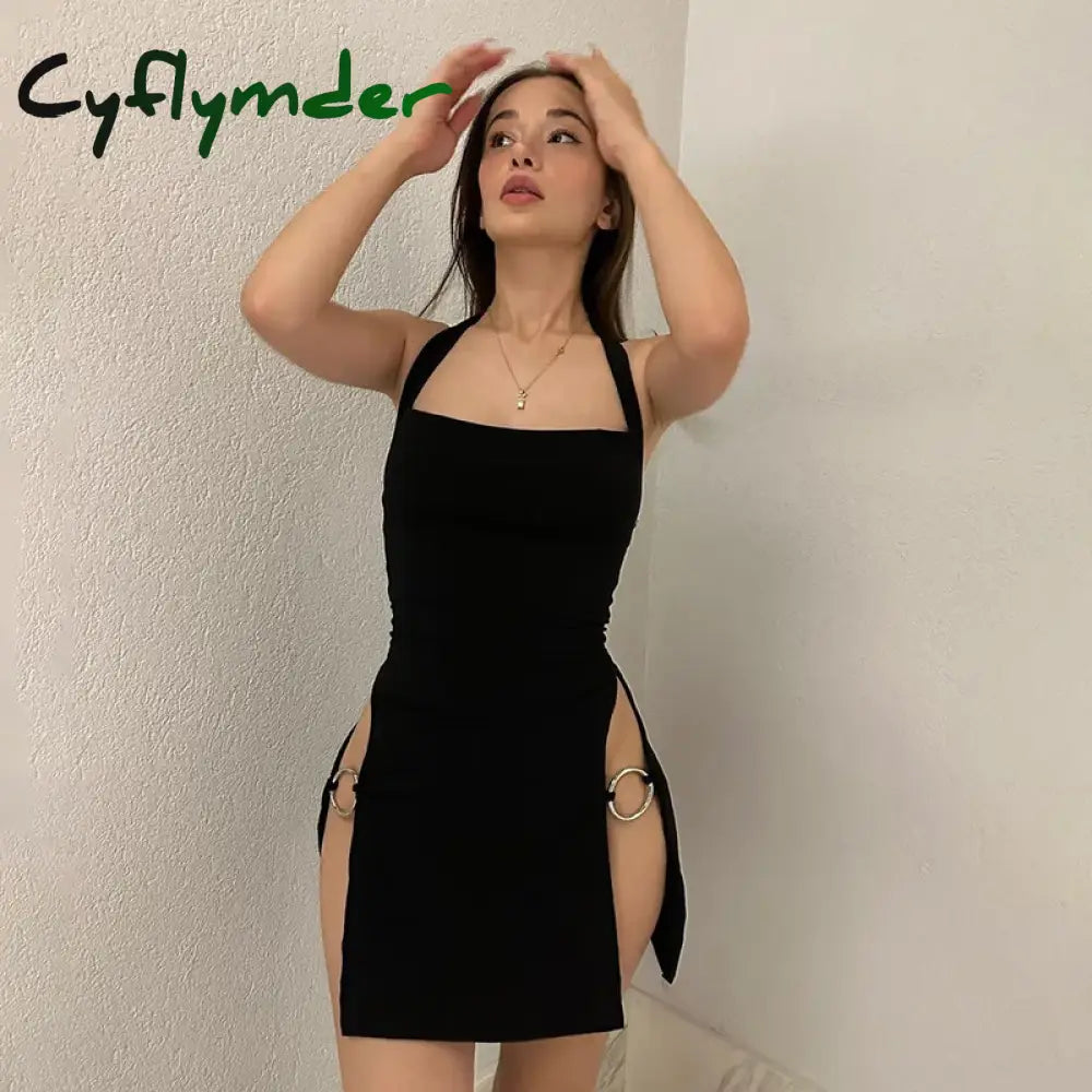 Cyflymder Sexy Black Split Dress Women Summer Solid Halter Neck Backless Slim Club Off Shoulder