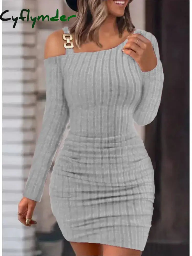 Cyflymder Sexy Chain Off Shoulder Mini Dress Women Autumn Fashion Bodycon Long Sleeve Dresses For