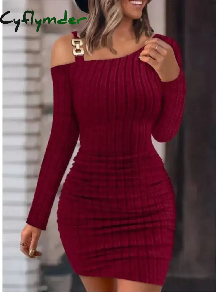 Cyflymder Sexy Chain Off Shoulder Mini Dress Women Autumn Fashion Bodycon Long Sleeve Dresses For