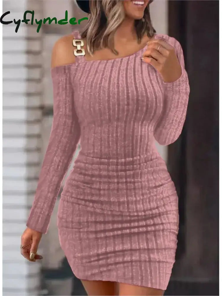 Cyflymder Sexy Chain Off Shoulder Mini Dress Women Autumn Fashion Bodycon Long Sleeve Dresses For