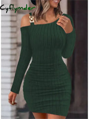 Cyflymder Sexy Chain Off Shoulder Mini Dress Women Autumn Fashion Bodycon Long Sleeve Dresses For