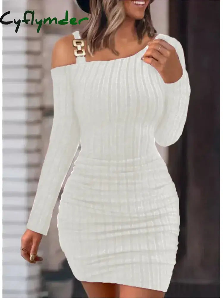 Cyflymder Sexy Chain Off Shoulder Mini Dress Women Autumn Fashion Bodycon Long Sleeve Dresses For