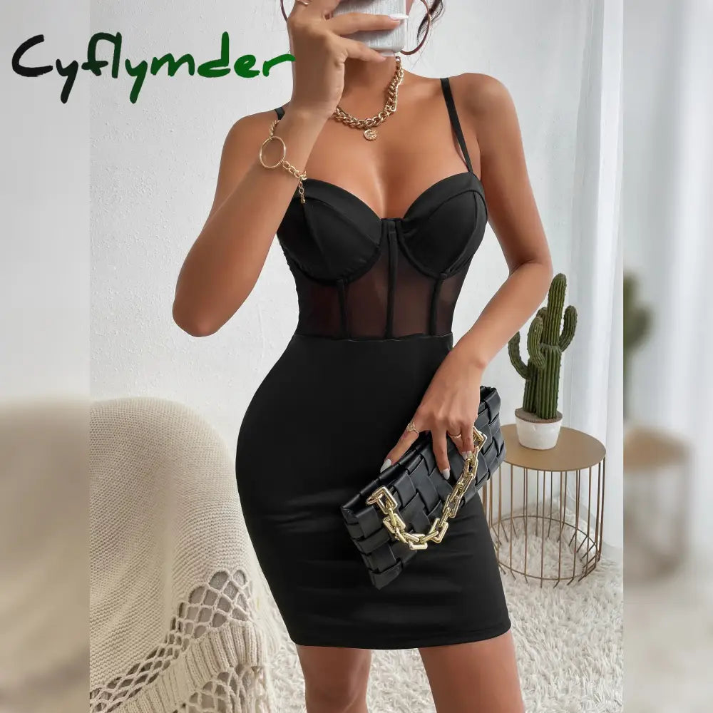 Cyflymder Sexy Club Party Hollowing Mesh See Through Slim Dress Women Nightclub Wear Fishbone