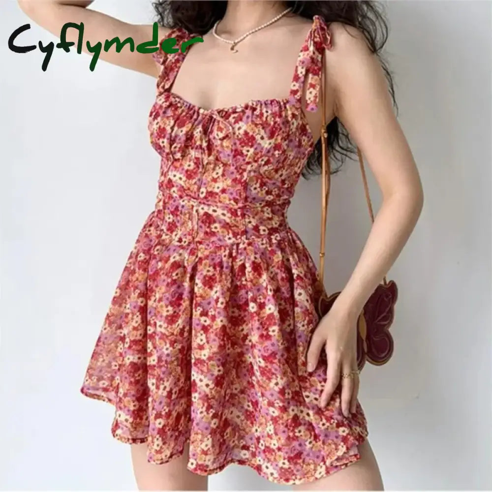 Cyflymder Sexy Flower Print Ruched Bra Corset Style Spaghetti Strap Mini Dress Women Lacing Up