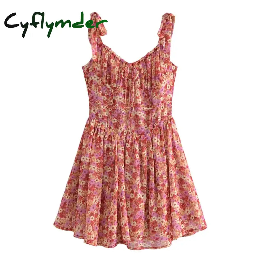Cyflymder Sexy Flower Print Ruched Bra Corset Style Spaghetti Strap Mini Dress Women Lacing Up