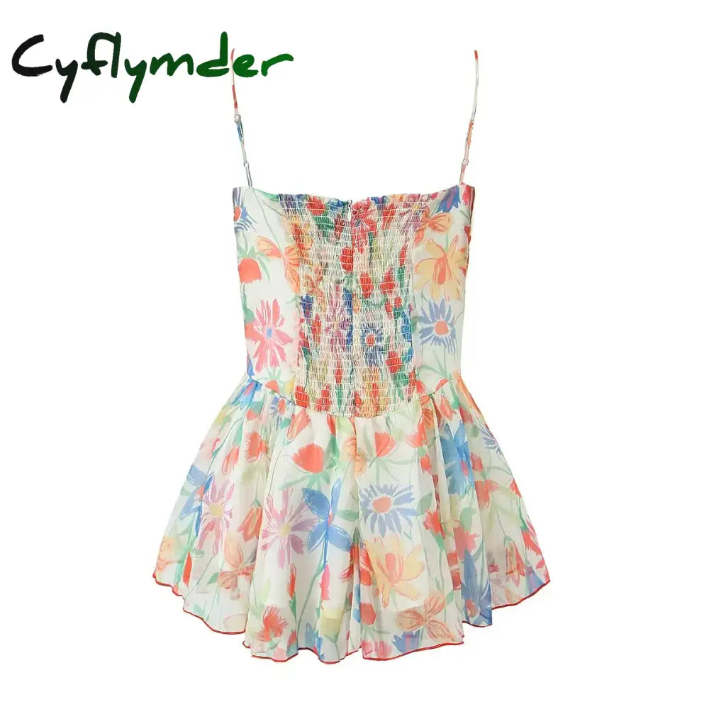 Cyflymder Sexy Flower Print Ruched Bra Corset Style Spaghetti Strap Mini Dress Women Party Skater