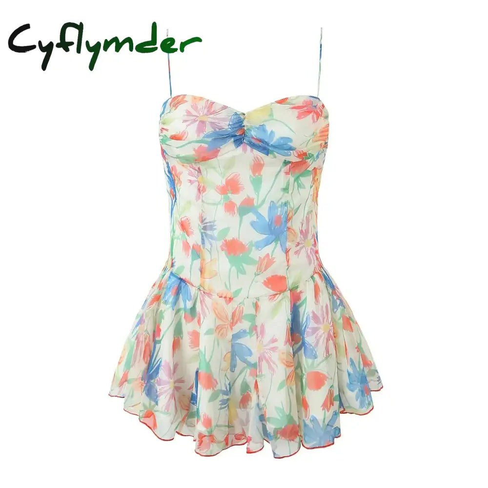 Cyflymder Sexy Flower Print Ruched Bra Corset Style Spaghetti Strap Mini Dress Women Party Skater