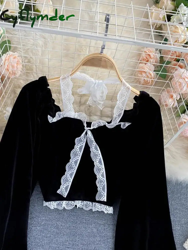 Cyflymder Sexy Halter Lace Patchwork Short Blouse For Women Casual Puff Sleeve Velvet Shirt Female Black Tops New