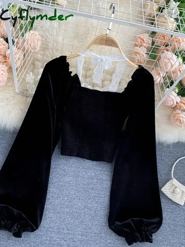 Cyflymder Sexy Halter Lace Patchwork Short Blouse For Women Casual Puff Sleeve Velvet Shirt Female Black Tops New