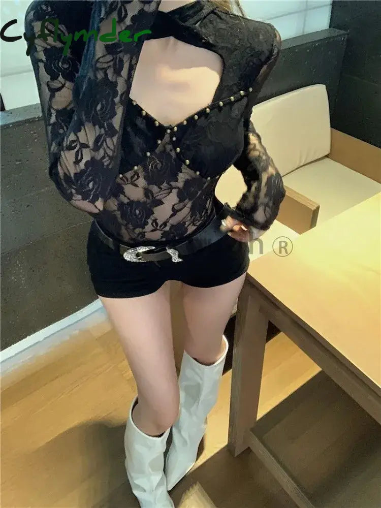 Cyflymder Sexy Lace Bandage Y2K Tops Women Vintage Harajuku Hollow Out Streetwear T Shirt Female
