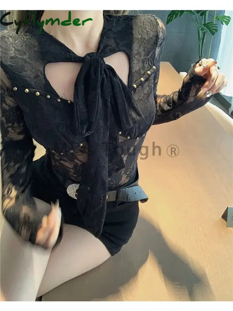 Cyflymder Sexy Lace Bandage Y2K Tops Women Vintage Harajuku Hollow Out Streetwear T Shirt Female