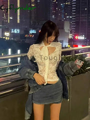 Cyflymder Sexy Lace Bandage Y2K Tops Women Vintage Harajuku Hollow Out Streetwear T Shirt Female