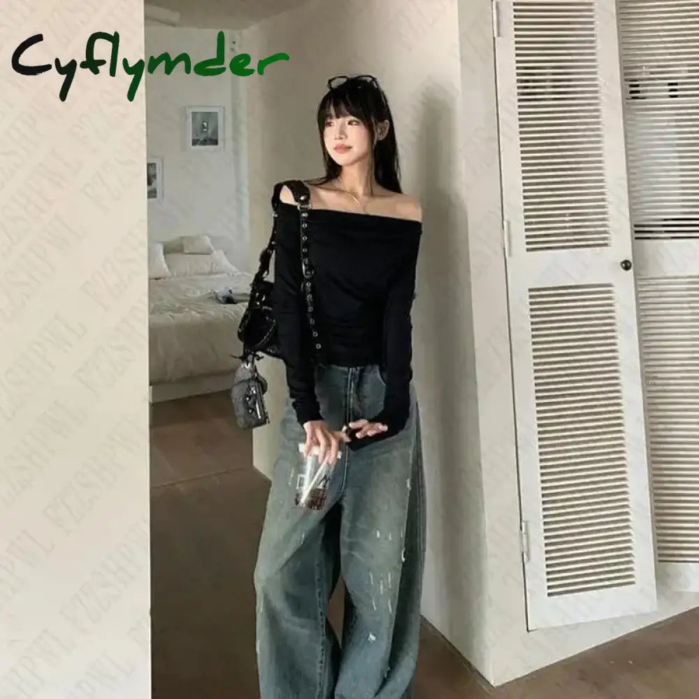 Cyflymder Sexy Punk Y2k Long sleeve Crop Top One shoulder Harajuku Grunge Goth Pullover Streetwear Hip Hop Baby Tee