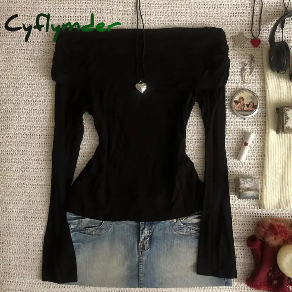 Cyflymder Sexy Punk Y2k Long sleeve Crop Top One shoulder Harajuku Grunge Goth Pullover Streetwear Hip Hop Baby Tee