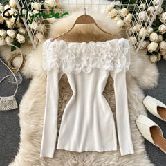 Cyflymder Sexy Slash Neck Off Shoulder Knitted Tops Women Elegant Purple/Red/White 3D Flower Long Sleeve Slim Shirt