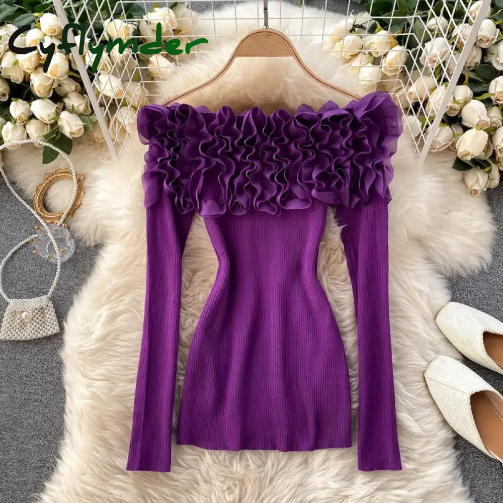 Cyflymder Sexy Slash Neck Off Shoulder Knitted Tops Women Elegant Purple/Red/White 3D Flower Long Sleeve Slim Shirt