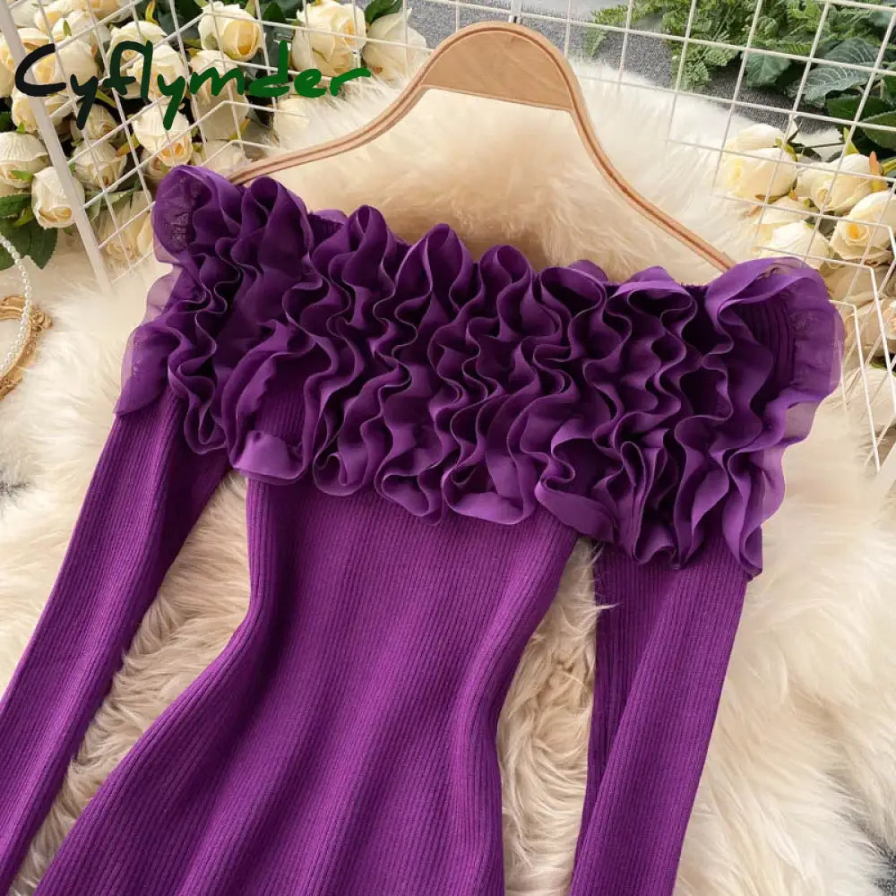 Cyflymder Sexy Slash Neck Off Shoulder Knitted Tops Women Elegant Purple/Red/White 3D Flower Long Sleeve Slim Shirt