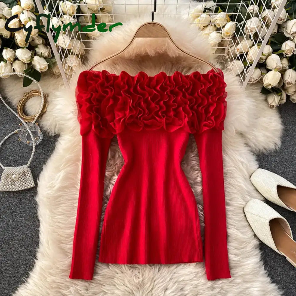 Cyflymder Sexy Slash Neck Off Shoulder Knitted Tops Women Elegant Purple/Red/White 3D Flower Long Sleeve Slim Shirt