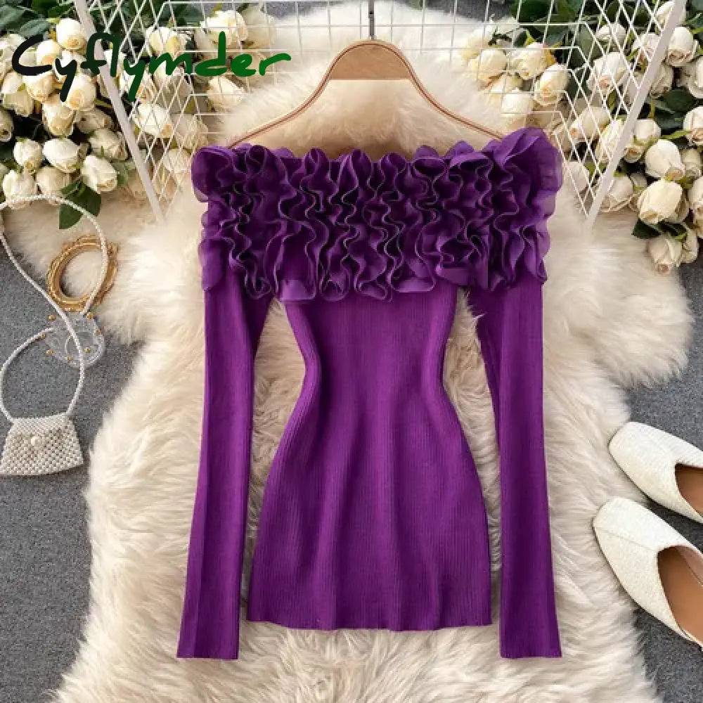 Cyflymder Sexy Slash Neck Off Shoulder Knitted Tops Women Elegant Purple/Red/White 3D Flower Long Sleeve Slim Shirt