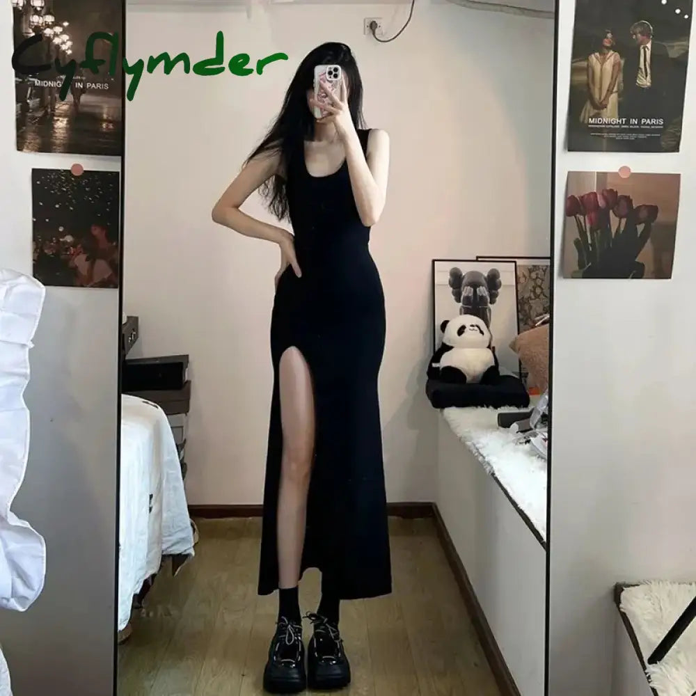 Cyflymder Sexy Sleeveless Strap Dress Women Black Slim Fit Side Slit Irregular Maxi Summer Fall