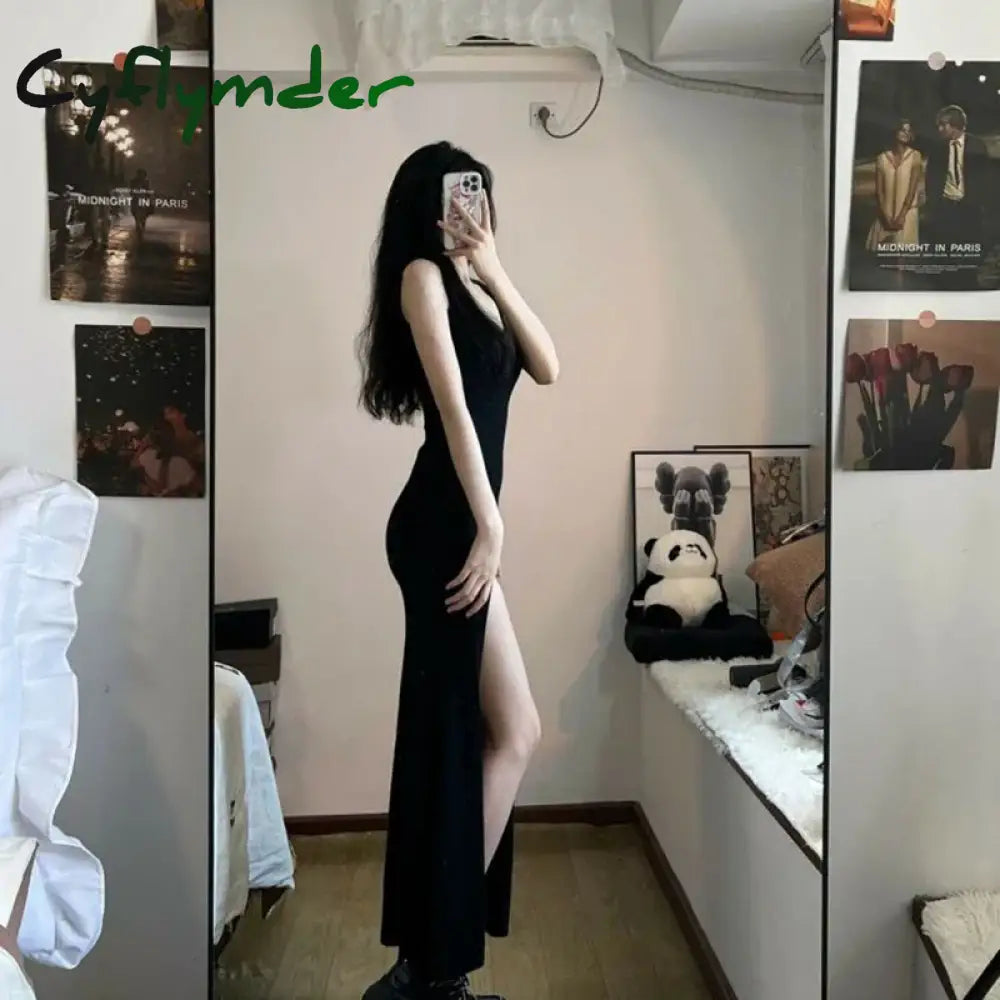 Cyflymder Sexy Sleeveless Strap Dress Women Black Slim Fit Side Slit Irregular Maxi Summer Fall