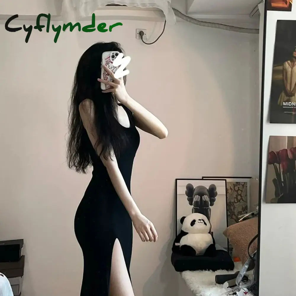 Cyflymder Sexy Sleeveless Strap Dress Women Black Slim Fit Side Slit Irregular Maxi Summer Fall