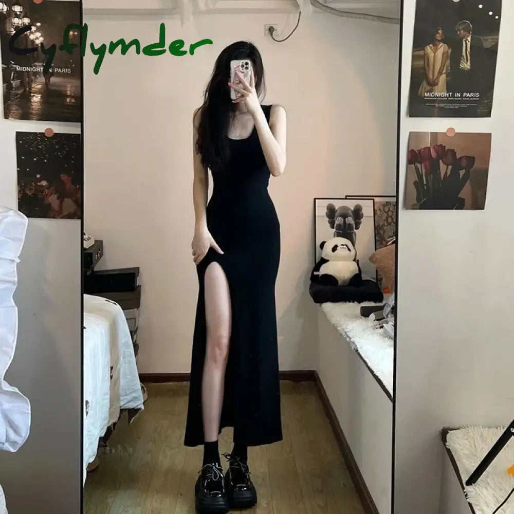 Cyflymder Sexy Sleeveless Strap Dress Women Black Slim Fit Side Slit Irregular Maxi Summer Fall