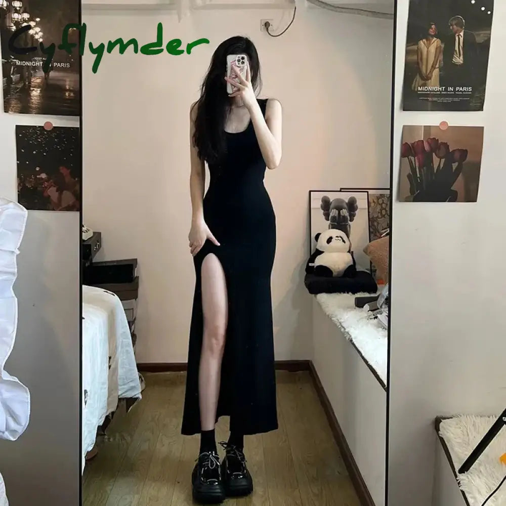 Cyflymder Sexy Sleeveless Strap Dress Women Black Slim Fit Side Slit Irregular Maxi Summer Fall