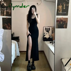 Cyflymder Sexy Sleeveless Strap Dress Women Black Slim Fit Side Slit Irregular Maxi Summer Fall