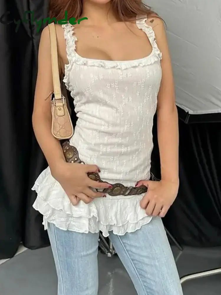 Cyflymder Sexy Slim Lace Ruffles Straight Dress Basic Square Collar Sleeveless Super Mini Dresses