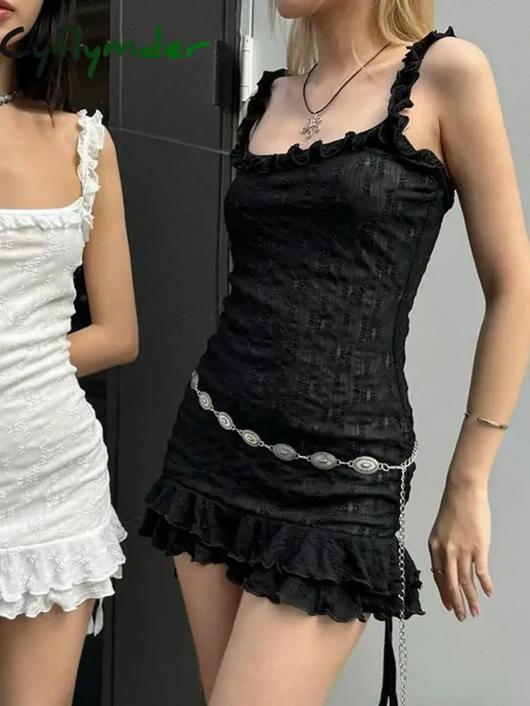 Cyflymder Sexy Slim Lace Ruffles Straight Dress Basic Square Collar Sleeveless Super Mini Dresses