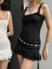 Cyflymder Sexy Slim Lace Ruffles Straight Dress Basic Square Collar Sleeveless Super Mini Dresses