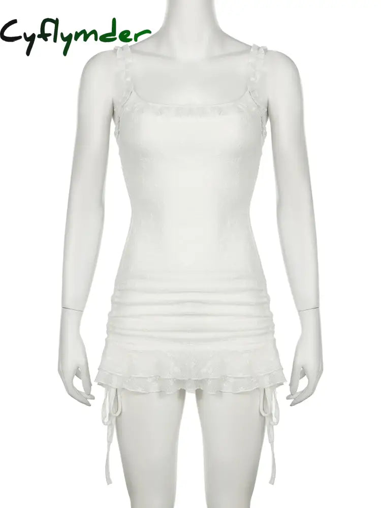 Cyflymder Sexy Slim Lace Ruffles Straight Dress Basic Square Collar Sleeveless Super Mini Dresses