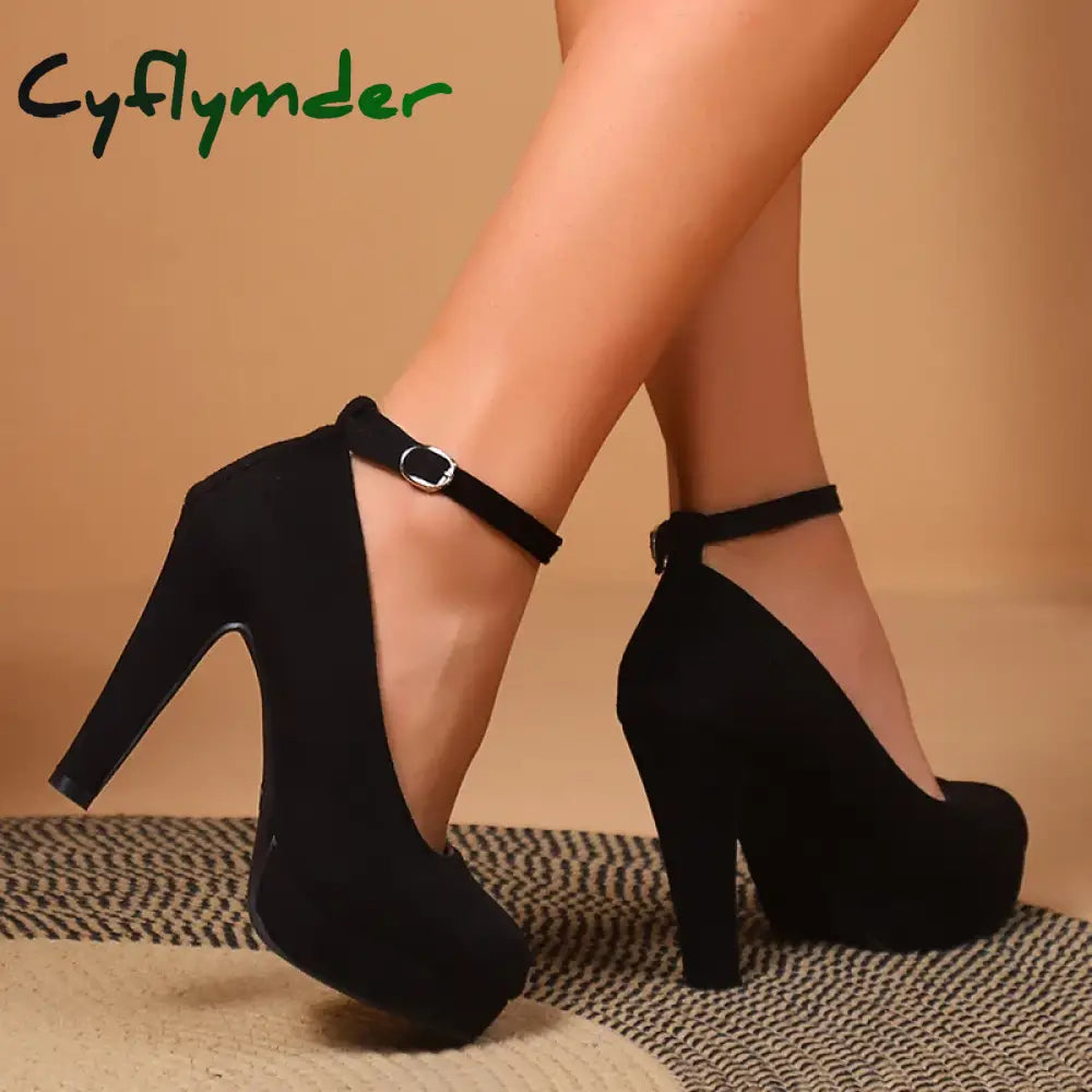 Cyflymder Sexy Super High Heels Shoes For Women Ankle Buckle Chunky Platform Pumps Woman Black