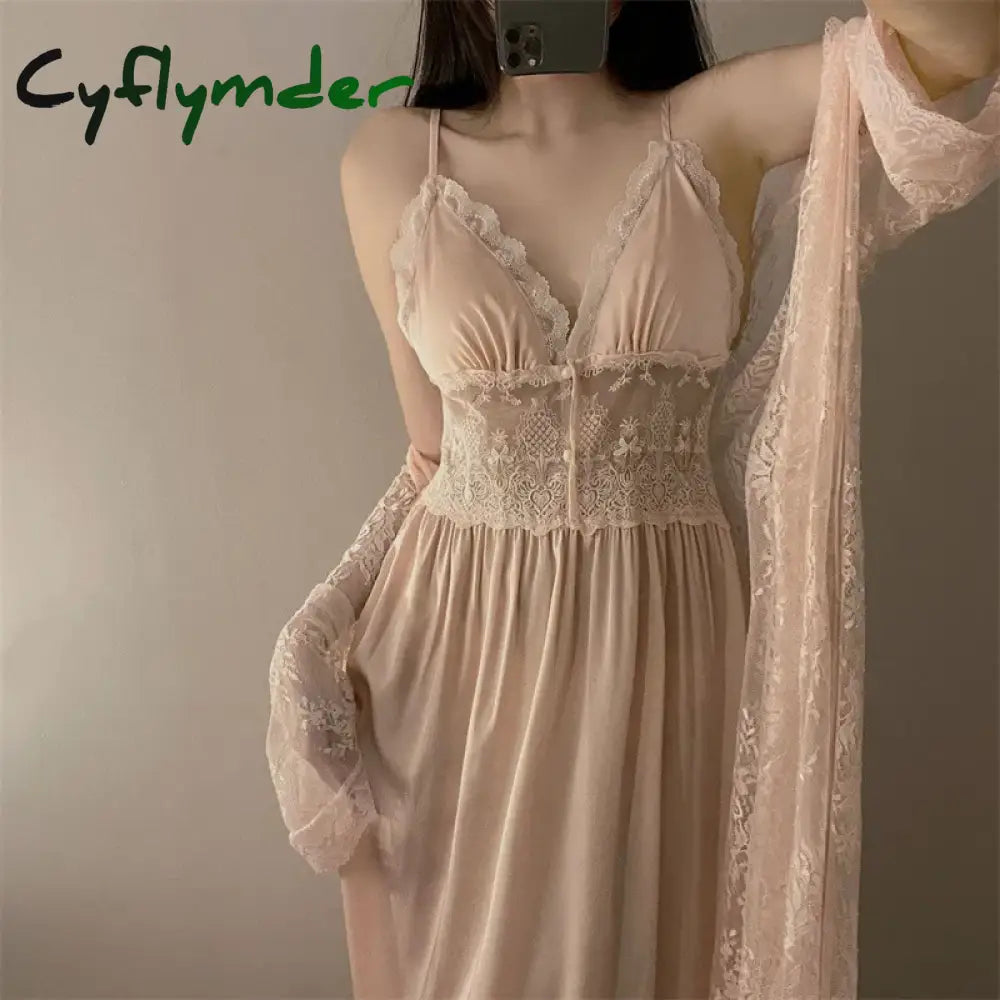 Cyflymder Sexy Two Piece Dress Set Spring Summer Sleepwear Lingerie Lace Sling Long Sleeve Nightdress Women Pijama Suit