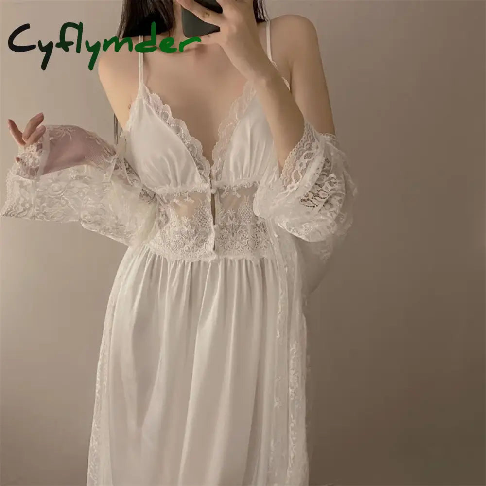 Cyflymder Sexy Two Piece Dress Set Spring Summer Sleepwear Lingerie Lace Sling Long Sleeve Nightdress Women Pijama Suit