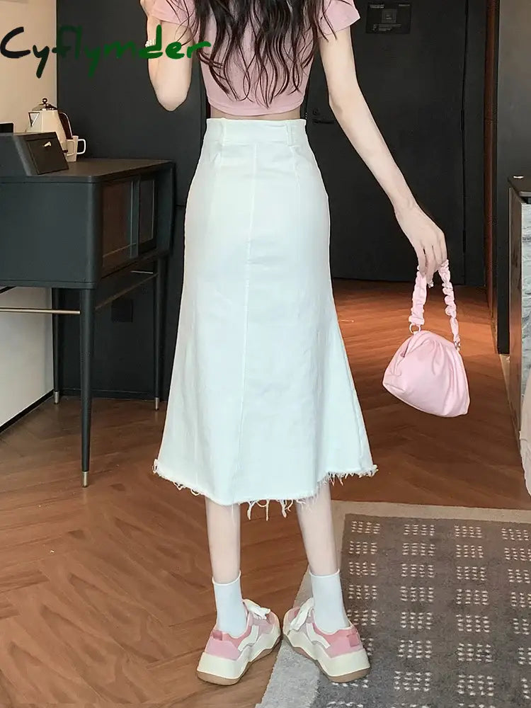 Cyflymder Sexy White High Waist Denim Midi Skirts Women Spring Summer Casaul Long Skirt Y2K