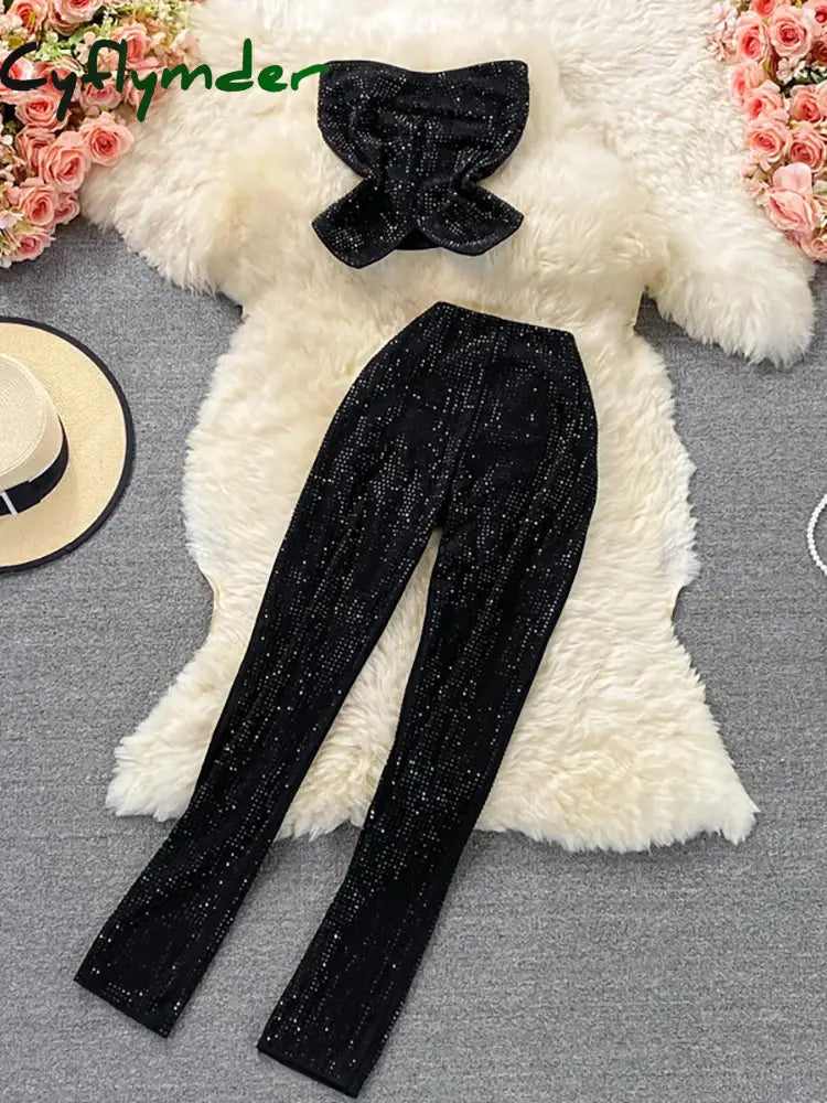 Cyflymder Sexy Women Black/White Diamonds Two Piece Set Party Slash Neck Off Shoulder Camis Tops + High Waist Pants