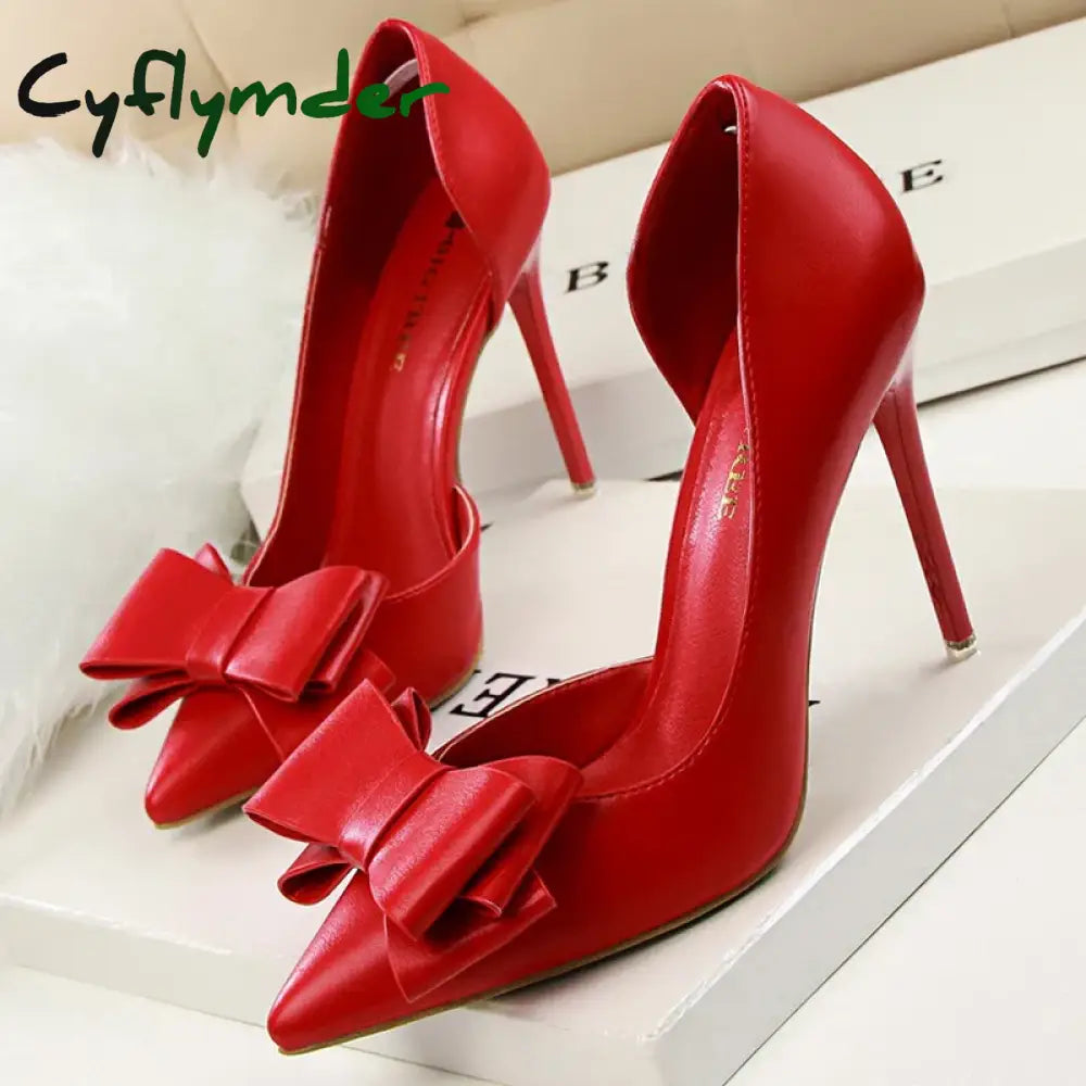 Cyflymder Shoes Pu Leather Kitten Heels Bowknot Stiletto Heels 7.5 Cm Women Pumps Fashion High-heeled Shoes Sexy