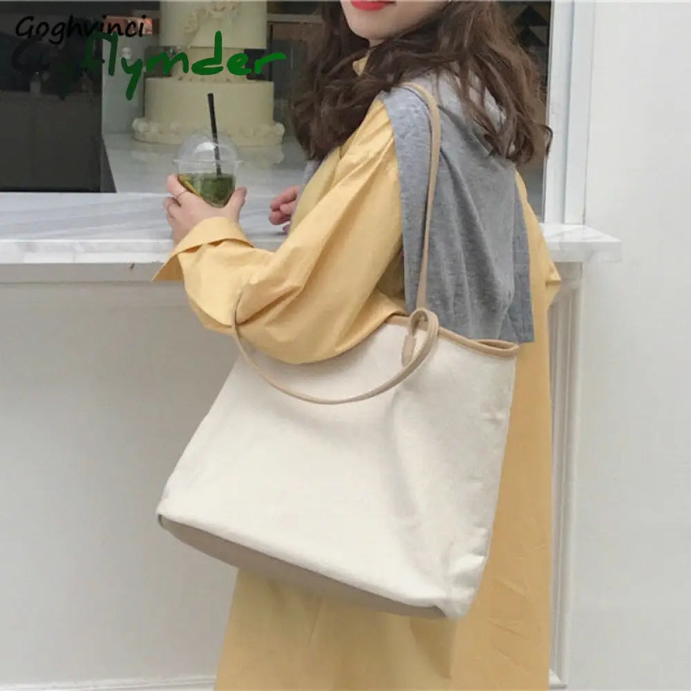 Cyflymder Shopping Bags Women Solid Simple Canvas Shoulder Elegant Retro Large-Capacity Reusable