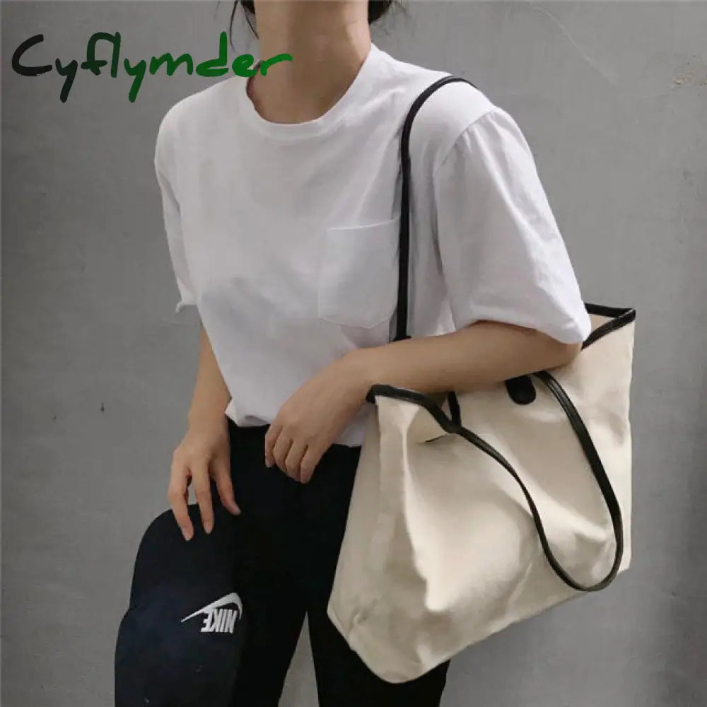 Cyflymder Shopping Bags Women Solid Simple Canvas Shoulder Elegant Retro Large-Capacity Reusable