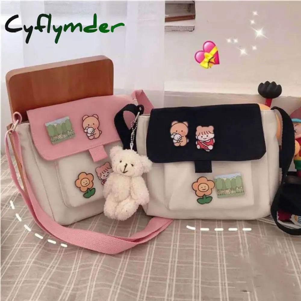 Cyflymder Shopping Bags Women Sweet Kawaii Printed Canvas Leisure Daily Shop Bag Crossbody Purse New