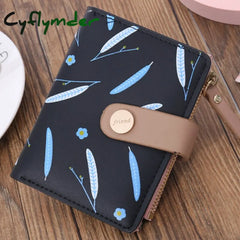 Cyflymder Short Leaf Print Women’s Wallet Soft Pu Leather Credit Card Holder Buckle Two-Fold